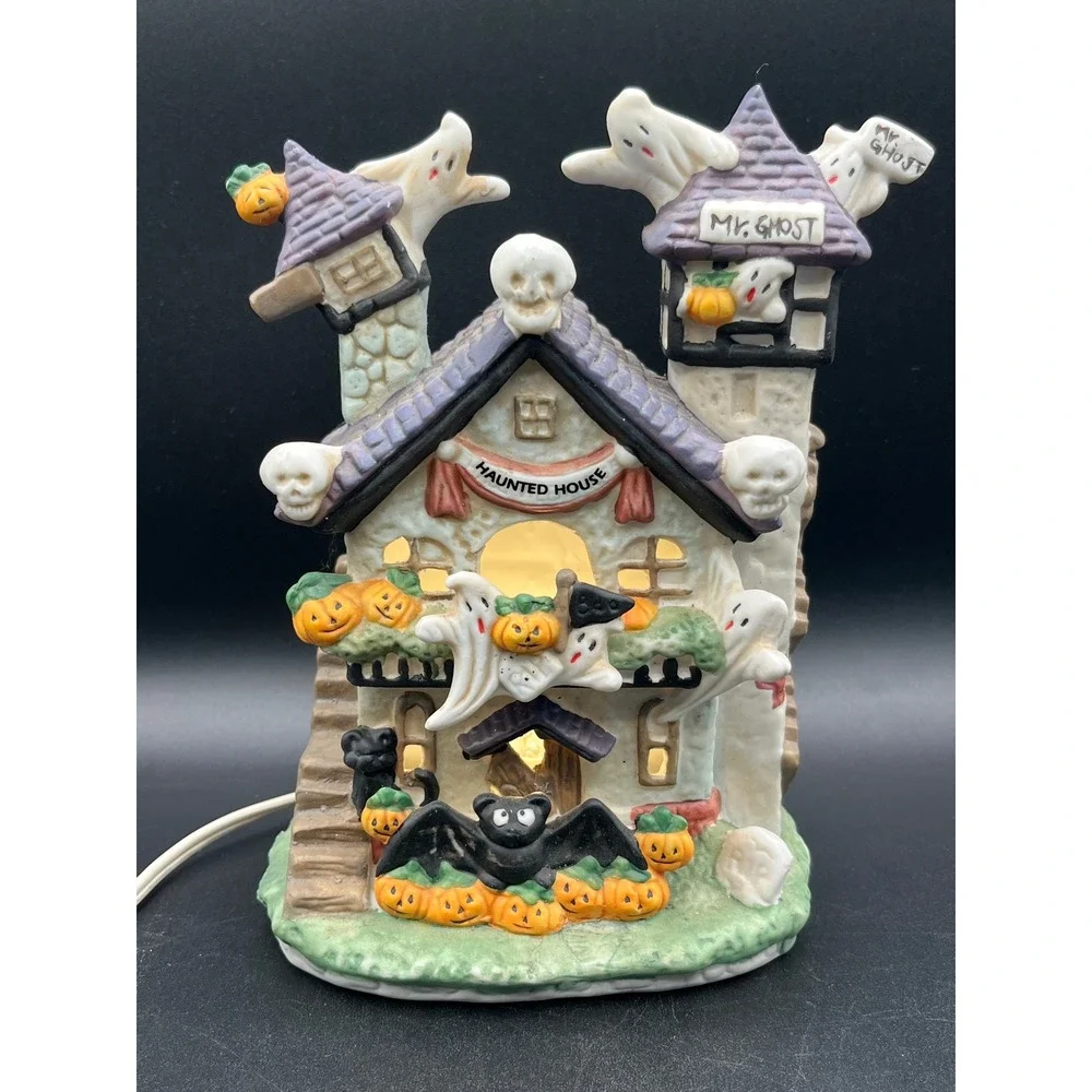 Vtg Light Up Ceramic Haunted House Halloween Ghost Pumpkin Bat Decor 7